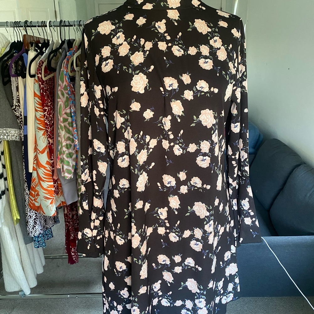 Casual Brown and Cream A-Line Dress with Mandarin Collar